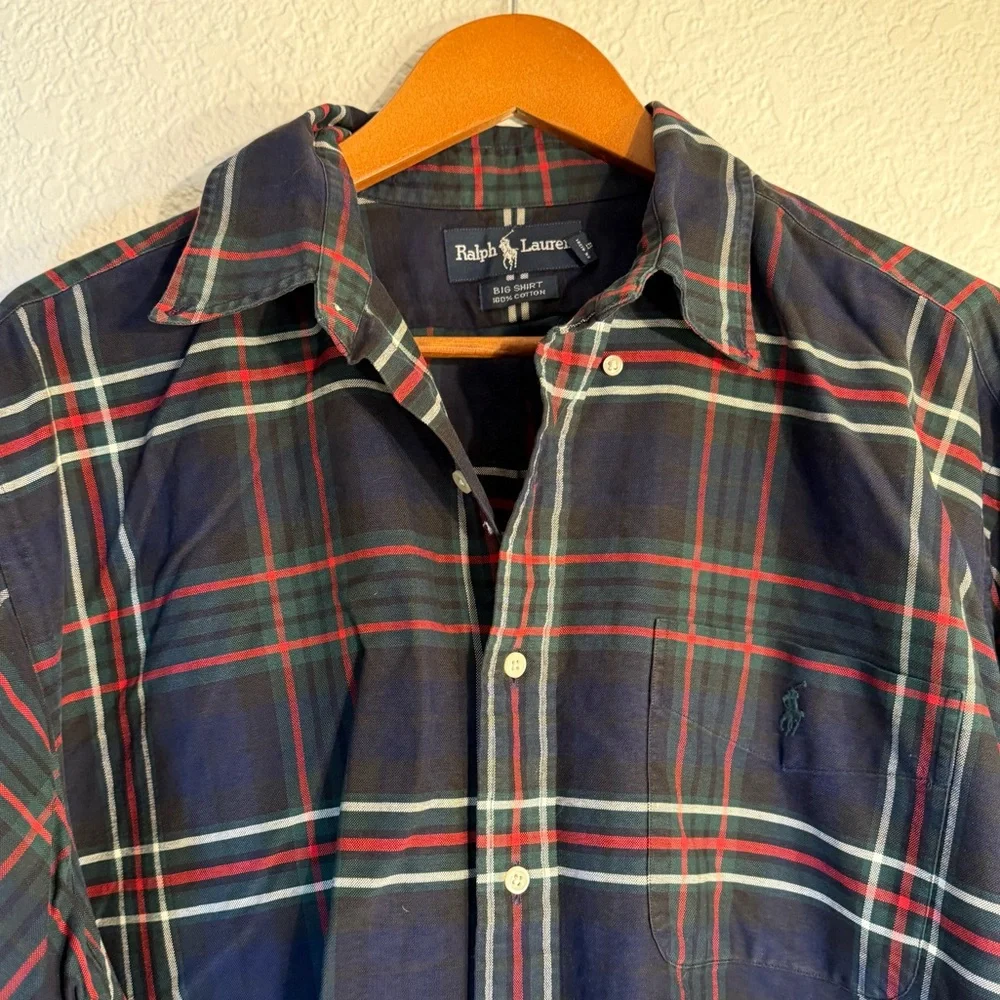 VTG Ralph Lauren BIG SHIRT Men L Navy Green Red Plaid Button Down 100% Cotton - Picture 5 of 15